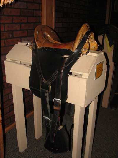 M1859 McClellan saddle of the Civil War period, displaying its rawhide seat covering. Fort Kearny State Park and Museum, Nebraska